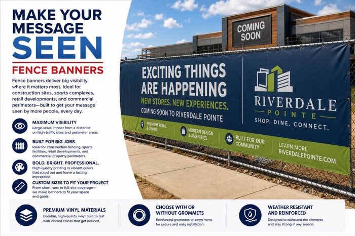 Large construction fence banner installed around the perimeter of a commercial retail development