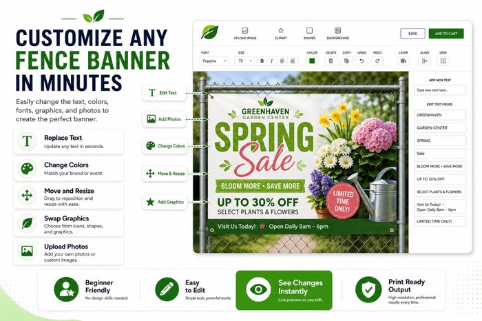 Online custom fence banner design tool for changing text, colors, photos, graphics and layout