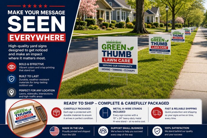 A row of custom lawn care yard signs printed in bulk and placed along a sidewalk to demonstrate how wholesale yard signs expand local service business advertising