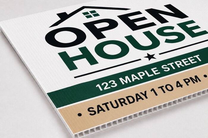 Close-up macro view of a custom corrugated plastic real estate sign, highlighting the fluted coroplast material edge on a standard 18 inch x 24 inch open house yard sign template