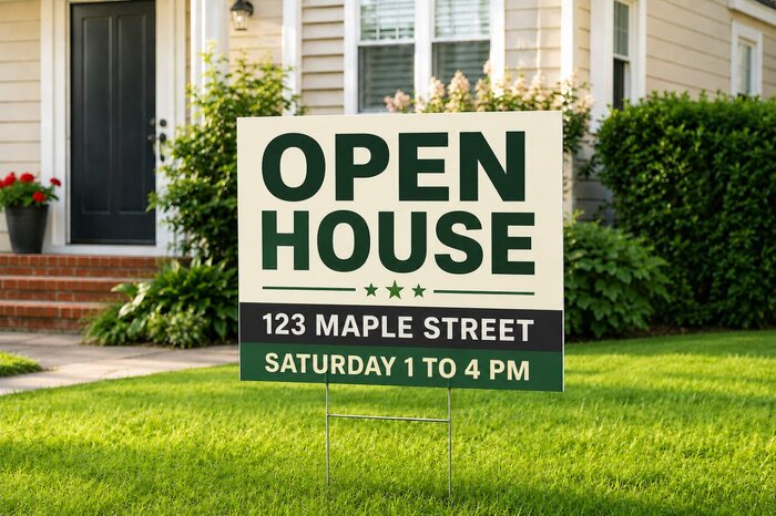 Custom cream and green real estate open house sign reading 123 Maple Street, printed on a standard 18 inch by 24 inch corrugated plastic yard sign placed on a manicured green lawn