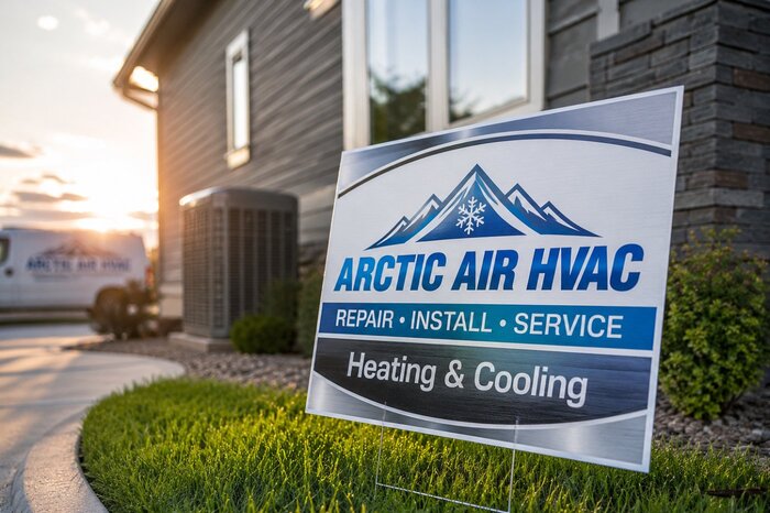 Custom HVAC business yard sign for Arctic Air Heating and Cooling, printed on an 18 by 24 inch weatherproof corrugated plastic sign next to a residential AC unit