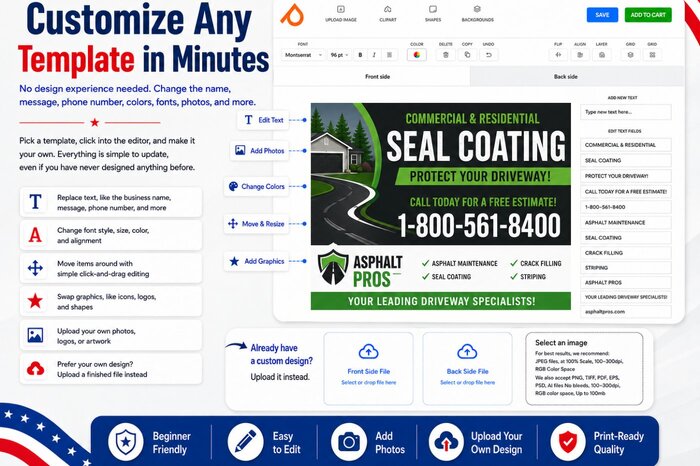 Digital mockup of an online yard sign design tool being used to customize an 18 by 24 contractor yard sign template for a professional roofing business