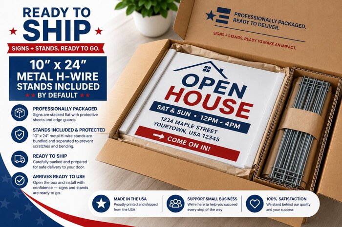 Packaged order of an 18 inch x 24 in yard sign featuring an open house design inside a shipping box with metal H-wire stakes included. Displays custom corrugated yard sign fulfillment