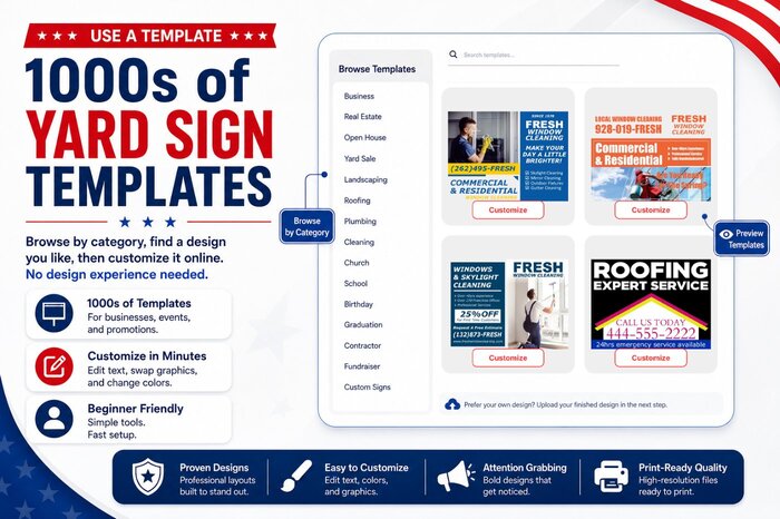Selection of customizable yard signs showcasing a variety of design options including a landscaping yard sign template, garage sale layouts, and business yard signs