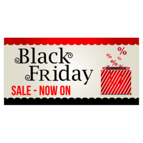 Black Friday Sale On Now Banner With Red Diagonal Striped Gift Bag