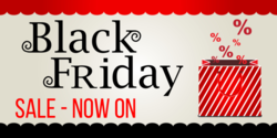 Black Friday Sale On Now Banner With Red Diagonal Striped Gift Bag
