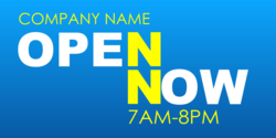 White and Yellow Text over Blue Open Now Banner