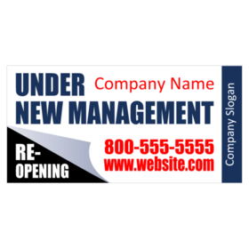 Under New Management Brand Banner Blue and White Bent Card Corner Design