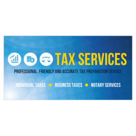 Orange and White Text Over Blue Tax Services Banner