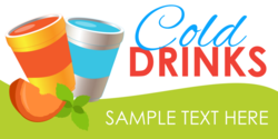 Two Cups and Fruit With Blue and Red Text Cold Drinks Banner