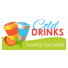 Two Cups and Fruit With Blue and Red Text Cold Drinks Banner