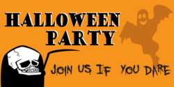 White Skull With Smiling Flying Ghost On Orange Halloween Party Banner