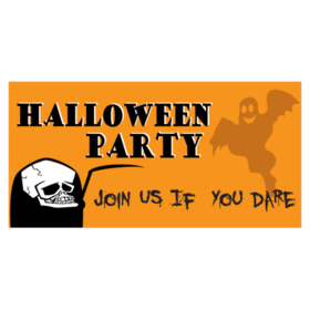 White Skull With Smiling Flying Ghost On Orange Halloween Party Banner