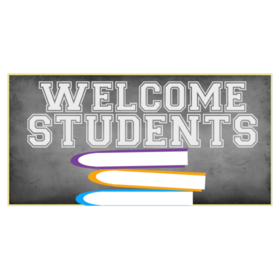 Collegiate White Text Welcome Students Over Dark Grey With Colored Books Banner