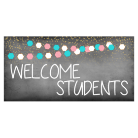 Stringer Design Over Dirty Chalkboard Welcome Students Banner
