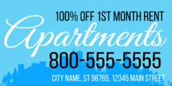 Dark Blue Cityscape On Light Blue 100% Off 1st month Rent Banner