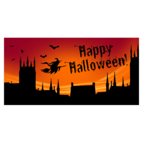 Bats and Witch Flying Over Castle Happy Halloween Banner