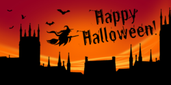 Bats and Witch Flying Over Castle Happy Halloween Banner