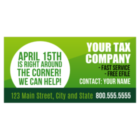 Rising White Circle With Green April 15th Coming We Can Help Brandable Tax company Address and Phone Number Design