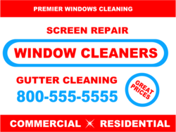 Red Window Cleaners With Blue Border and Text Over White Yard Sign