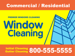 Light Blue Skyscraper Exterior Window Design Commercial Window Cleaning On Yellow Yard Sign