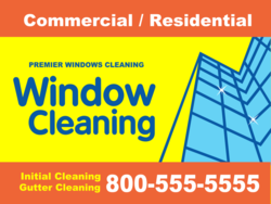 Light Blue Skyscraper Exterior Window Design Commercial Window Cleaning On Yellow Yard Sign