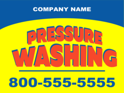 Curved Red Pressure Washing Over Yellow and Blue With Company Name and Phone Sign