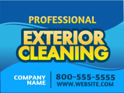 Black Outlined Yellow Exterior Cleaning Sign Over Blue Water Waves With Company Name and Phone