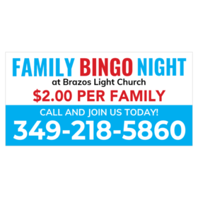 Family Bingo Night Baby Blue and White Two Colored with Red Text Banner