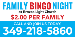 Family Bingo Night Baby Blue and White Two Colored with Red Text Banner