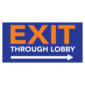 Orange Bold Exit With White Through Lobby Text and Arrow On Blue Banner