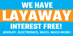 White Text Over Orange and Blue Layaway Interest Free Banner