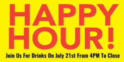 Happy Hour Red Text on Yellow Banner