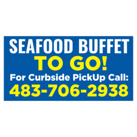 White and Yellow On Blue Seafood Buffet To Go Banner