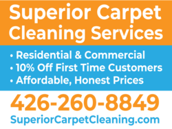White on Orange Superior Carpet Cleaning Services Sign With White On Blue Service Listing and Orange on White Phone Area