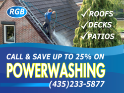 Photo of Roof Power Washer With Top Right Custom Services and Logo Area Power Washing Sign