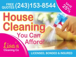Company Name In Left Corner Over Pink House Cleaning You Can Afford Sign With Blurred Cleaning Photo Background