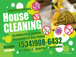Green House Cleaning Bacteria Prevention Sign With Phone and Services Area Next To Germ Photos 
