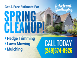 Get Free Estimate On Spring Cleanup Over Photo Of Home Background Sign With Phone and Company Name Area
