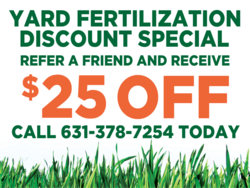 Grass Bottom Green and Red Text On White Yard Fertilization Discount Refer a Friend Yard Sign