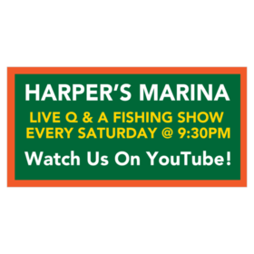 Q&Q Fishing Show Marina Banner Yellow White Text On Green Design