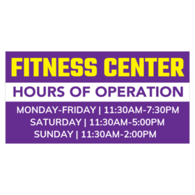 Purple  and Yellow Fitness Center Hours of Operation Banner