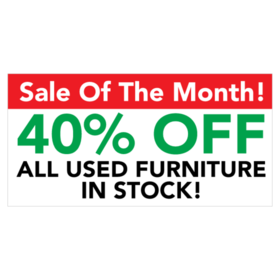 Inverted White On Red Sale Of The Month with Green % Off and Black On White Used Furniture In Stock Banner