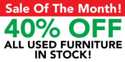 Inverted White On Red Sale Of The Month with Green % Off and Black On White Used Furniture In Stock Banner