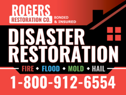 Black House Silhouette Around Red Sky Disaster Restoration Sign With Top Logo and Bottom Phone Area
