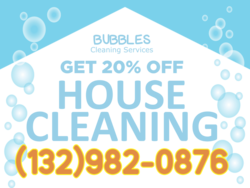 Rising Bubbles Over House Shape Cleaning Sign With Phone Area