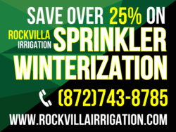 White on Green Shape Collage Sprinkler Winterization Sign With Phone and Website Area