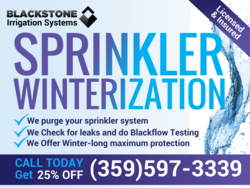 Water Splash Over Spectral Blue Sprinkler Winterization Sign With Boxed Phone and Top Logo Area