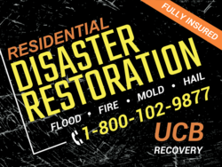 Slanted Yellow Over Black Disaster Restoration Sign With Bottom Logo and Phone Area